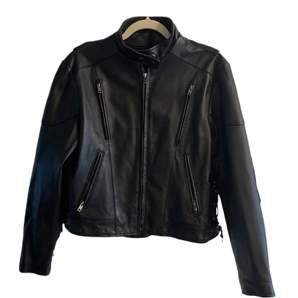Women's Black Leather Biker Jacket Size: L - Picture 1 of 3